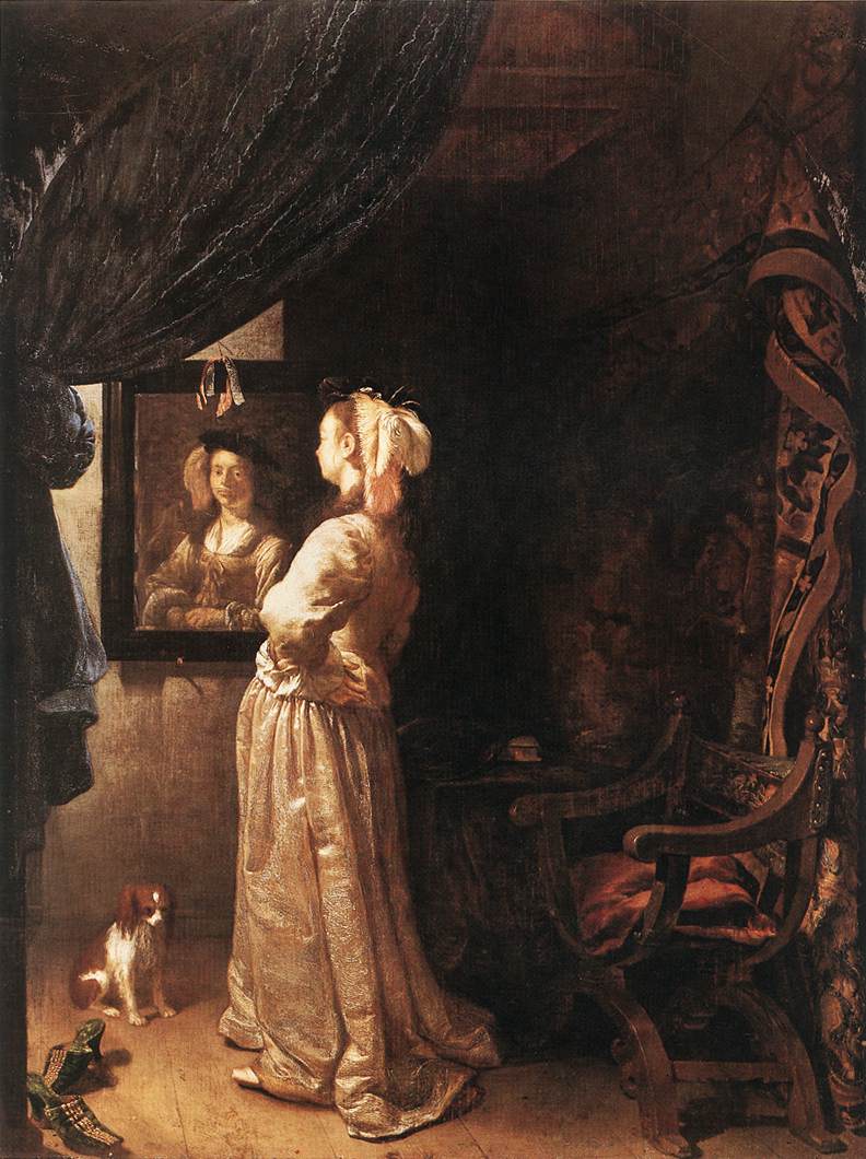 Woman before the Mirror painting (detail) by Frans van Mieris the Elder