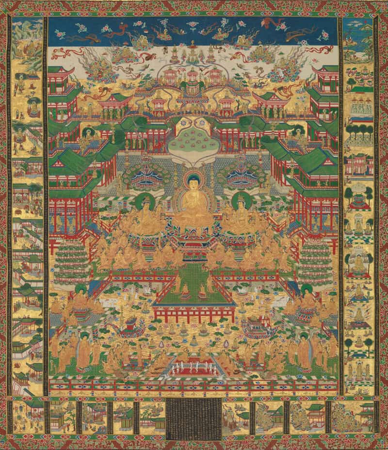 Amida Buddha sits in the center of his Pure Land, the “blissful land.”