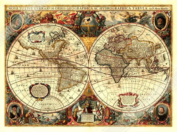 Vintage World Map, Henricus Hondius, 1663