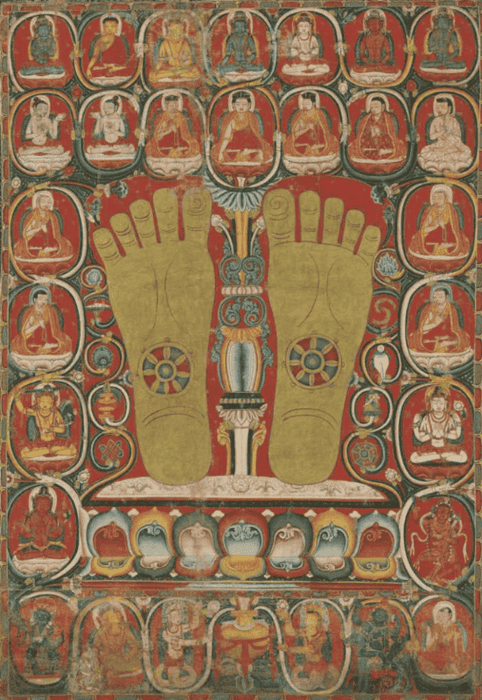 Thangka with 3rd Karmapa, Ranjung Dorje's footprints