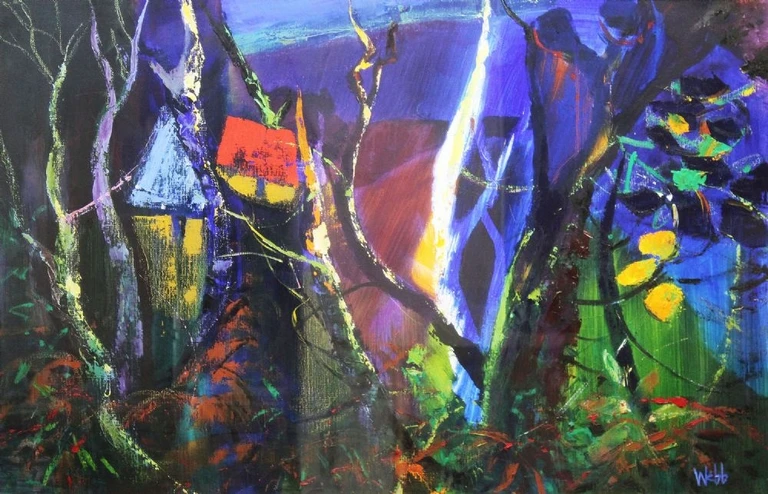 Kenneth Webb painting - Abstract, houses in a woodland setting at night