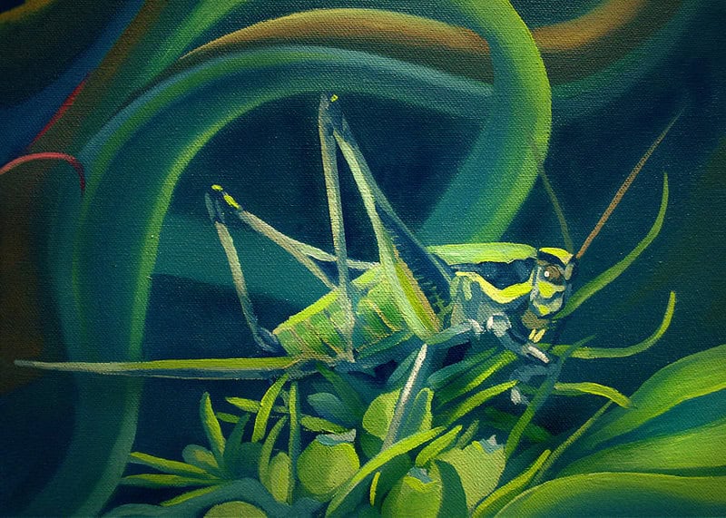 Mister Grasshopper is a painting by Nancy Griswold. It is a detail from the panel The Rain Forest in the mural titled Changes of the seasons.