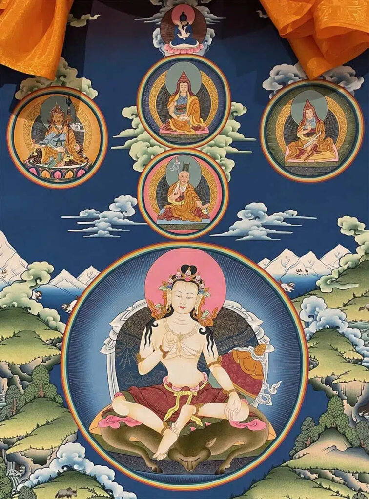 Garab Dorje Thangka. Note his pointing figure, pointing out Rigpa, and the Three Statements of Garab Dorje