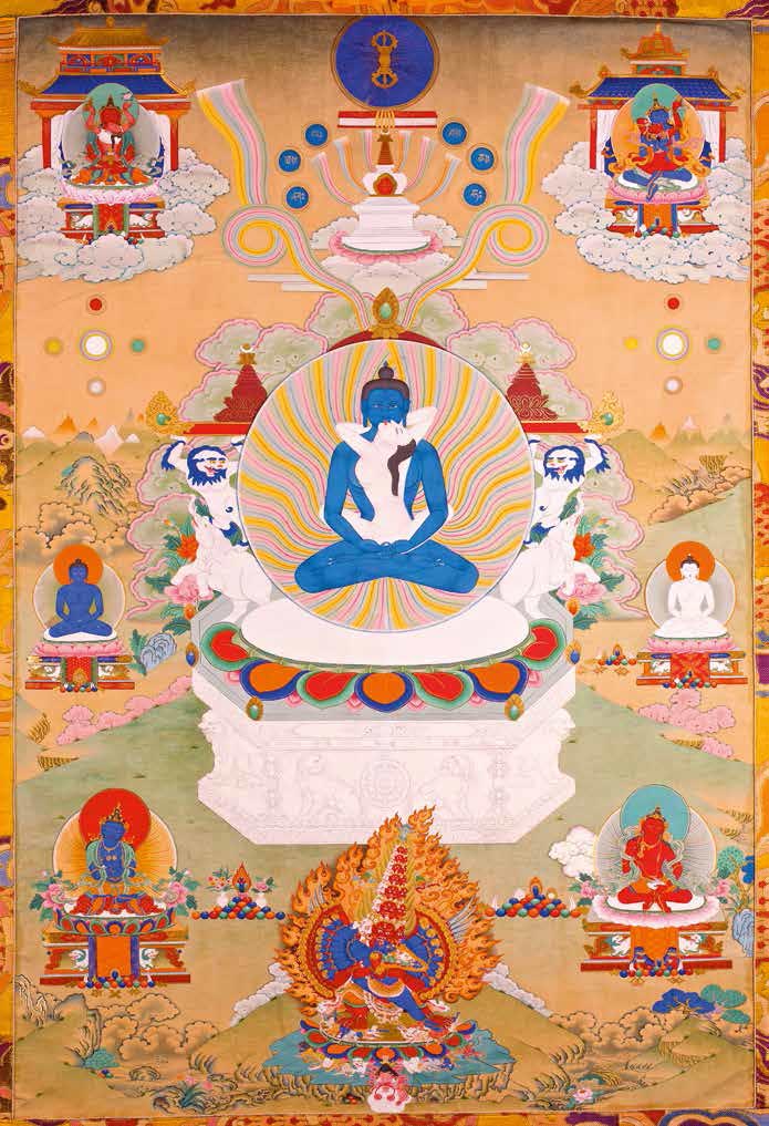 Samantabhadra, the primordial Buddha, yab-yum form - luminous emptiness. From whom the Dzogchen teachings ultimately originate, and who represents the ground and result of Dzogchen.