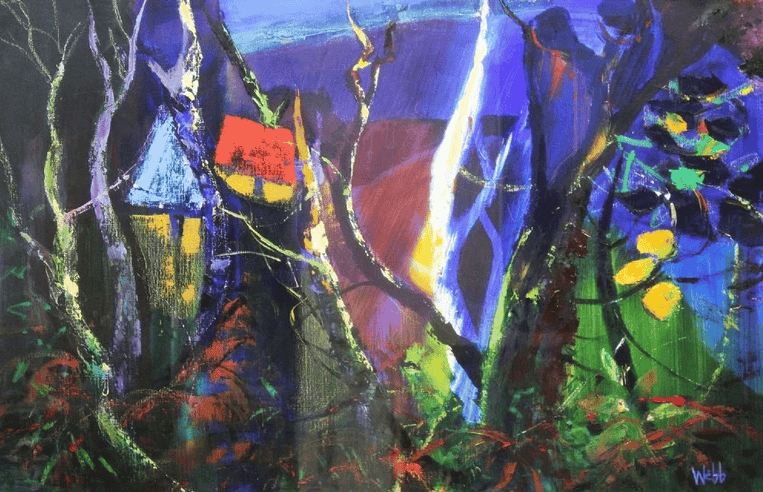 Kenneth Webb painting - Abstract, houses in a woodland setting at night